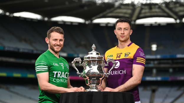 Declan McCusker of Fermanagh, left, and Eoghan Nolan of Wexford during the Tailteann Cup launch at Croke Park in Dublin. Photo by David Fitzgerald/Sportsfile.