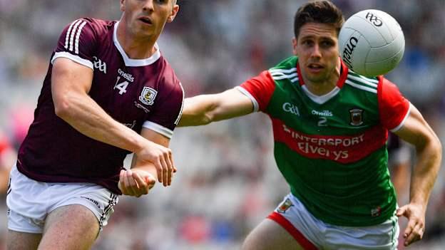 Shane Walsh of Galway in action against Lee Keegan of Mayo during the 2021 Connacht GAA Senior Football Championship Final match between Galway and Mayo at Croke Park in Dublin.