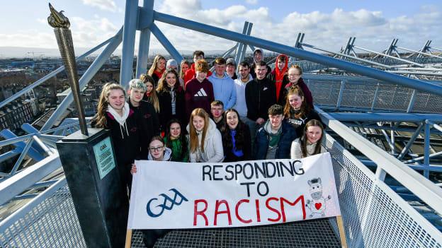 Scoil Dara pupils pictured at the launch of the GAA's 'Responding to the Racism' awareness campaign at Croke Park in Dublin.