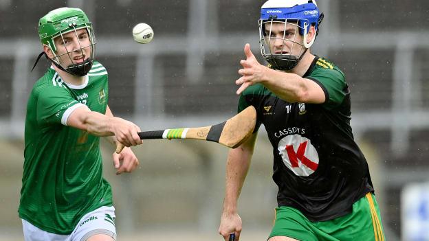 Aaron McGee, Carrickmacross, and Vincent Woods, Monaghan Harps, in CúChulainn League Division Three Final action at Kingspan Breffni. Photo by Oliver McVeigh/Sportsfile