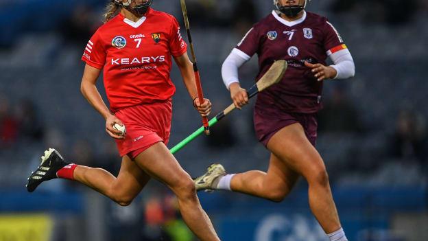 Saoirse McCarthy, Cork, and Dervla Higgins, Galway, in action during the 2022 League Final at Croke Park. Photo by Piaras Ó Mídheach/Sportsfile