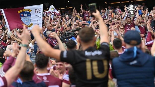 Westmeath captain Kevin Maguire lifts the Tailteann Cup at Croke Park in July.