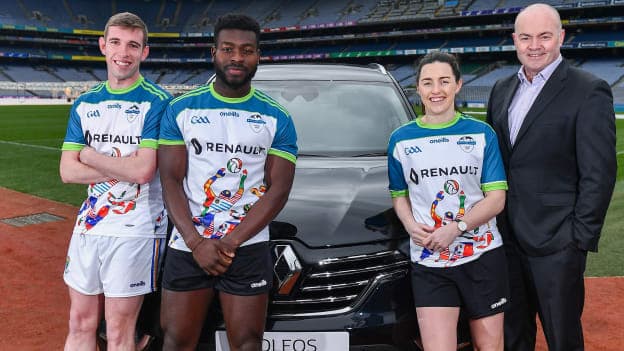 Wicklow footballer, Patrick O'Connor, Westmeath footballer, Boidu Sayeh, Dublin footballer Lyndsey Davey and former Clare and Kilmacud Crokes manager, Anthony Daly pictured at the launch of the 2019 Renault GAA World Games in Croke Park today.