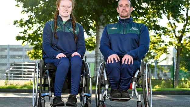 Team vice-captain Melanie Griffith and captain James McCarthy during a GAA Wheelchair Hurling Team photoshoot, before their departure for Prague, Czechia, at the Maldron Airport Hotel in Dublin. Photo by Ben McShane/Sportsfile