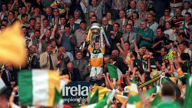 Offaly captain Finbarr Cullen lifts the Leinster Cup after the 1997 Leinster GAA Senior Football Championship Final against Meath.