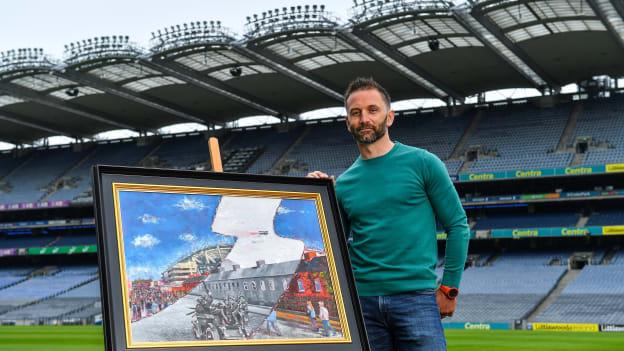 Artist David Sweeney, who is a former Dublin senior hurling captain and eLearning Manager at Croke Park, shows his specially commissioned Bloody Sunday commemoration artwork, 'Transilience', at the launch of the GAA Museum’s Bloody Sunday centenary events series. 