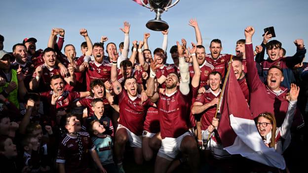 Ruairí Óg Cushendall players celebrate with the cup after the Antrim County Senior Club Hurling Championship final match between Ruairi Og Cushendall and Loughgiel Shamrocks at Corrigan Park in Belfast. Photo by David Fitzgerald/Sportsfile
