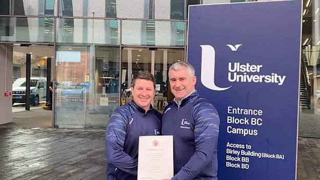 Liam Sheedy pictured receiving his Masters in Sports Coaching and Performance in Ulster University from Dr. Paul Donnelly.