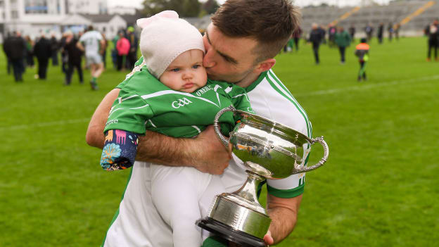 Coolderry hurler Brian Carroll with his daughter Ellie following the 2018 Offaly Senior Hurling Championship Final.
