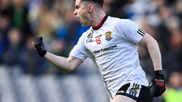 Darragh Keaveney of Kilmeena celebrates scoring a point during the AIB GAA Football All-Ireland Junior Club Championship Final match between Gneeveguilla, Kerry, and Kilmeena, Mayo at Croke Park in Dublin. 