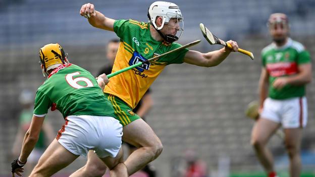 Ronan McDermott, Donegal, and David Kenny, Mayo, during the Nickey Rackard Cup Final at Croke Park.