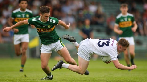 Jimmy Hyland, Kildare, and Michael Reidy, Kerry, in action at the Gaelic Grounds.