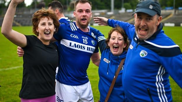Eoin Lowry of Laois is congratulated by supporters after the Tailteann Cup Preliminary Quarter Final match between Fermanagh and Laois at Brewster Park in Enniskillen, Fermanagh. Photo by David Fitzgerald/Sportsfile