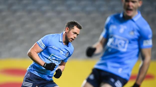 Dean Rock and Brian Fenton following Dublin's first goal against Meath at Croke Park.