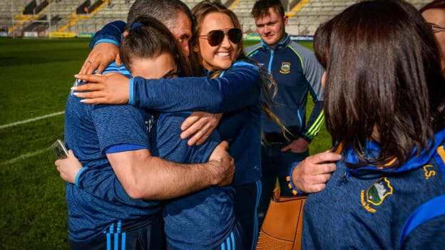 Tipperary manager Liam Sheedy celebrates with his daughters Gemma and Aisling after the Munster GAA Hurling Senior Championship Round 1 match between Cork and Tipperary at Pairc Ui Chaoimh in Cork. 