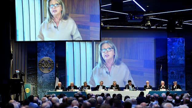 A video by Dr Mary McAleese, independent chair of the steering group on integration for the GAA, LGFA and Camogie Association, is played during day one of the GAA Annual Congress 2023 at Croke Park in Dublin. 