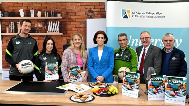 Minister of State with responsibility for Public Health, Wellbeing and the National Drugs Strategy Hildegarde Naughton, right, is pictured with , from left, Stuart Moloney, GAA Regional Community & Health Co-Ordinator, Brid O'Dwyer GAA Healthy Club  Coordinator, College President Dr Amanda McCloat, Trevor Cohen, Sligo Health and Wellbeing Committee Chair, TD Frank Feighan and Tim O'Malley, Sligo GAA Health and Wellbeing Committee member during the Recipes for Success booklet launch event at St Angela's College in Sligo. 