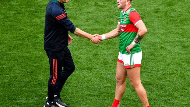 Mayo manager James Horan shakes hands with Jordan Flynn of Mayo after the GAA Football All-Ireland Senior Championship Final match between Mayo and Tyrone at Croke Park in Dublin. 
