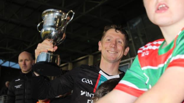 Ballina Stephenites captain, Padraig O'Flynn, lifts teh Tom Earley Memorial Cup, after victory over Moytura in the Mayo GAA Junior A Hurling Championship. 