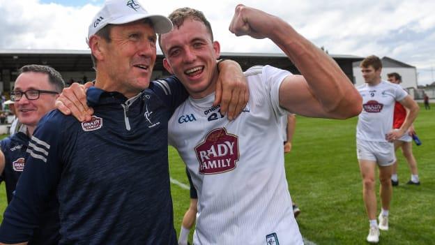 Brian McLoughlin celebrates with the then Kildare manager, Jack O'Connor, after the Lilywhites defeated Meath in the 2021 Allianz Football League Division 2 semi-final. 
