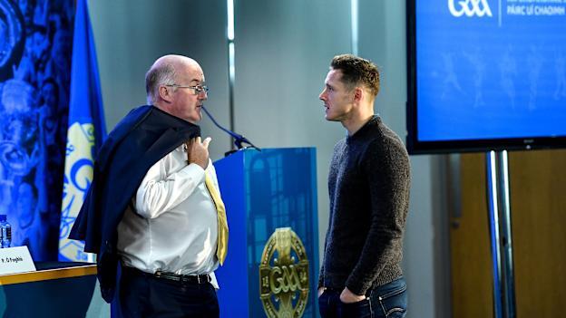Uachtarán Chumann Lúthchleas Gael John Horan, left, speaking with GPA CEO Paul Flynn.