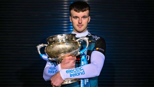 Maynooth University hurler Billy Drennan poses for a portrait with the Fitzgibbon Cup before the draw for the Electric Ireland GAA Higher Education Championships at Croke Park in Dublin. Photo by Piaras Ó Mídheach/Sportsfile.