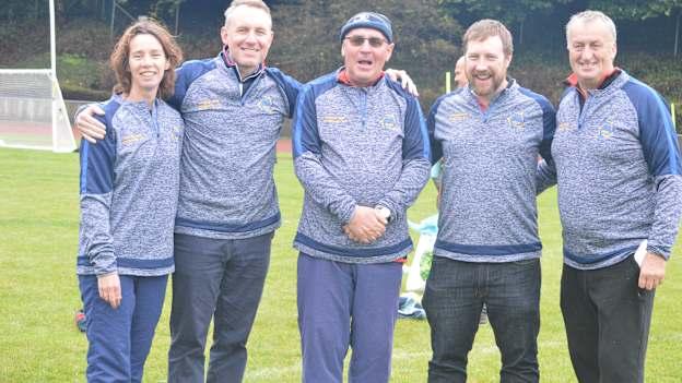 Left to right, Una Shortall, Secretary EC Gaelic Club-Brussels; Sean MacMahon, Eurocity (EC Gaelic Club-Brussels sponsor); Liam Breslin, Chairperson EC Gaelic Club-Brussels; John Murphy GGE Chairperson; Ciaran Bolger, Coach EC Gaelic Club-Brussels.


