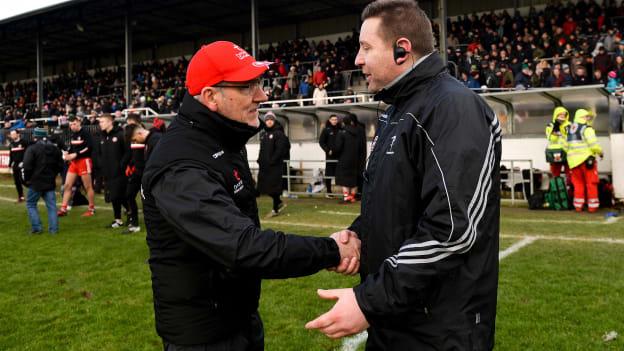 Tyrone manager Mickey Harte and Kildare boss Cian O'Neill following an Allianz Football League clash in 2018.