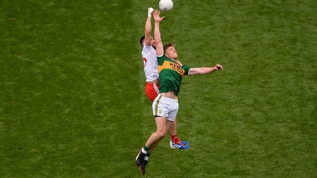 Tommy Walsh of Kerry in action against Pádraig Hampsey of Tyrone during the GAA Football All-Ireland Senior Championship Semi-Final match between Kerry and Tyrone at Croke Park in Dublin. 