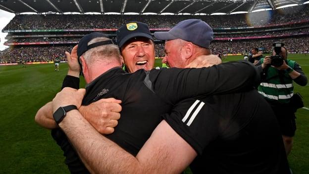 Kerry manager Jack O'Connor celebrates with selectors Diarmuid Murphy and Micheál Quirke following the 2022 All-Ireland SFC Final at Croke Park. Photo by Ramsey Cardy/Sportsfile