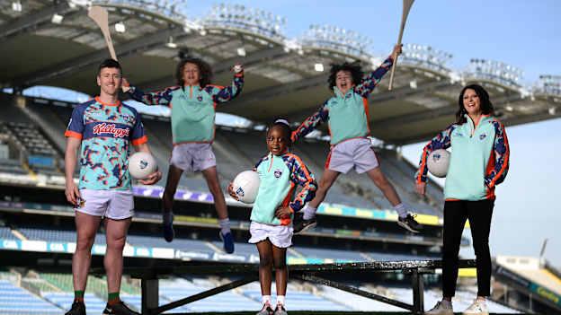 Kellogg’s GAA Cúl Camps ambassador and Mayo footballer Cillian O'Connor, left, Kellogg’s GAA Cúl Camps ambassador and singer Sinead O’Carroll, with brothers Paddy, age 13, and Tom Nolan, age 10, of St Brigids GAA Club in Castleknock, Dublin, and Adriana Fayiah, centre, at the launch of the 2021 Kellogg’s GAA Cúl Camps, in Croke Park, Dublin, as Kellogg celebrates the 10th year of the sponsorship. Starting on 28th June and running up to 27th August, the Kellogg’s GAA Cúl Camps offer children a healthy, fun and safe summer outdoor activity. For more information and to book now, visit www.gaa.ie/kelloggsculcamps.