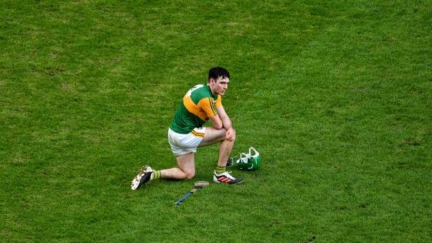 A dejected Eric Leen pictured after defeat to Antrim in the 2020 Joe McDonagh Cup Final. 
