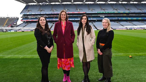 Lá Idirnáisiúnta na mBan 2023 - Gearóidín Ní Thaibhís, Oifigeach Rannpháirtíochta agus Éagsúla CLG, Gráinne McElwain, Cathaoirleach Choiste Náisiúnta Gaeilge CLG, Niamh Nic Giolla Dhuibh, Oifigeach Gaeilge CLG Uladh, and Tracy Bunyan, Bainisteoir um Fhorbairt na Cóitseála agus na gCluichí, CLG 