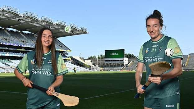 John West Féile Ambassador and Kilkenny Camogie player Denise Gaule, right, and Whitehall Colmcille's Megan Foster in attendance at the launch of John West Féile, 2021 at Croke Park in Dublin. 
