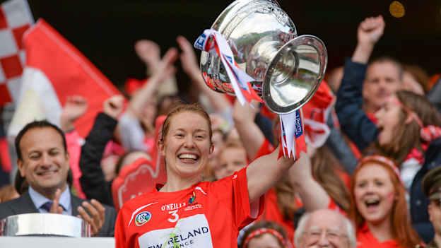Cork captain Rena Buckley lifts The O'Duffy Cup after the 2018 Liberty Insurance All-Ireland Senior Camogie Final match between Cork and Kilkenny at Croke Park in Dublin. 