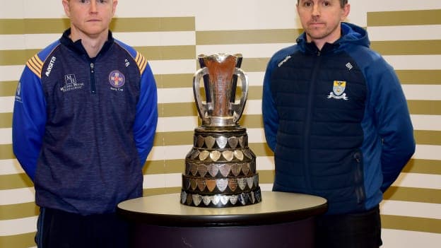 Thurles CBS Manager Eamonn Buckley and Cashel CS Manager Brendan Ryan with the Dr. Harty Cup.