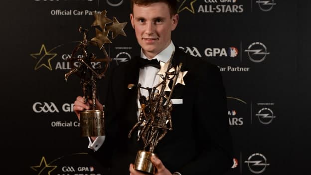 Waterford hurler Austin Gleeson with his Hurler of the Year and Young Hurler of the year Awards at the 2016 GAA/GPA Opel All-Stars Awards.