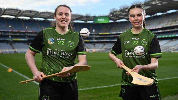 John West Féile Ambassador and Cork Camogie captain Amy Lee (l) and Aoife Moran of Whitehall Colmcille prior to the John West Féile na nGael National Camogie and Hurling Finals 2022 which take place across ten venues in Dublin and Meath on Saturday. Eighty club sides from Ireland, the UK, Europe and US, comprising close to 2,000 camogie players and hurlers, will compete. 