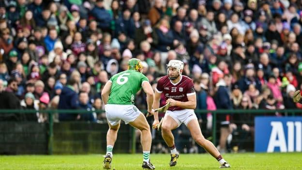 Jason Flynn, Galway, and Dan Morrissey, Limerick, in Allianz Hurling League action at Pearse Stadium. Photo by Seb Daly/Sportsfile