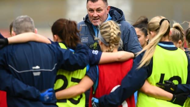 Dublin manager Mick Bohan speaks to his players before the Lidl Ladies National Football League Division 1 match between Donegal and Dublin at O’Donnell Park in Letterkenny, Donegal. Photo by Stephen McCarthy/Sportsfile.
