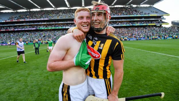 Adrian Mullen, left, and Cillian Buckley of Kilkenny celebrate following the GAA Hurling All-Ireland Senior Championship Semi-Final match between Kilkenny and Limerick at Croke Park in Dublin. 