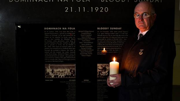 Uachtarán CLG John Horan lights a candle at the Bloody Sunday memorial in Croke Park. In lieu of a larger commemorative event at Croke Park, the GAA is encouraging members, supporters and the wider public to light a candle at dusk this Saturday 21 November, remembering the 14 lives lost that day 100 years ago. 