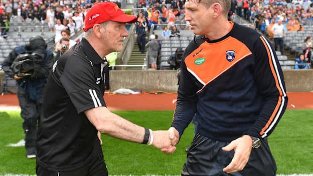 Tyrone manager Mickey Harte and Armagh boss Kieran McGeeney following the 2017 All Ireland SFC Quarter-Final clash at Croke Park.