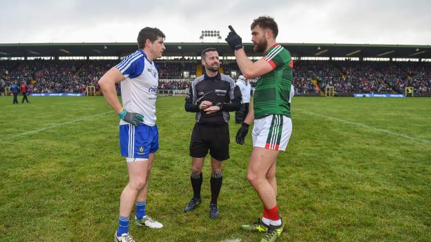 Darren Hughes, Monaghan, and Aidan O'Shea, Mayo, before the 2018 Allianz Football League Division One clash in Clones.