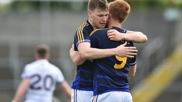 Tipperary footballers Liam Casey and George Hannigan celebrate following their win over Cavan at Kingspan Breffni on Saturday.