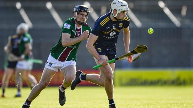 Rory O’Connor, Wexford, and Aonghus Clarke, Westmeath, in Leinster SHC action.