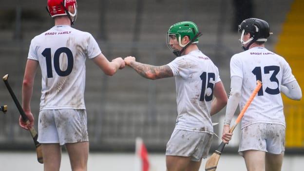 Kildare players, from left, James Burke, David Slattery and Brian Byrne celebrate following the Christy Ring Cup Round 2A match between Kildare and Wicklow at St Conleth's Park in Newbridge, Kildare. 