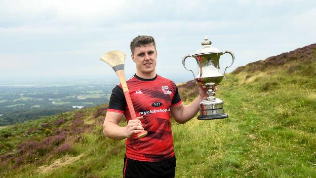Winner Cillian Kiely of Offaly poses for a picture with the Corn Setana trophy following the 2019 M. Donnelly GAA All-Ireland Poc Fada Finals at Annaverna Mountain in the Cooley Peninsula, Ravensdale, Co Louth.