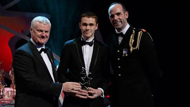 Gerard O’Kelly-Lynch, Sligo, receives his Lory Meagher Champions 15 Award from Uachtarán Chumann Lúthchleas Gael Aogán Ó Fearghail, in the company of Dermot Earley, GPA President, at the GAA GPA All-Star Awards 2015 Sponsored by Opel.