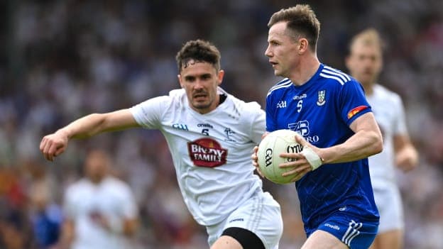 Karl O’Connell, Monaghan, and David Hyland, Kildare, in All-Ireland SFC action at Glenisk O'Connor Park. Photo by Seb Daly/Sportsfile